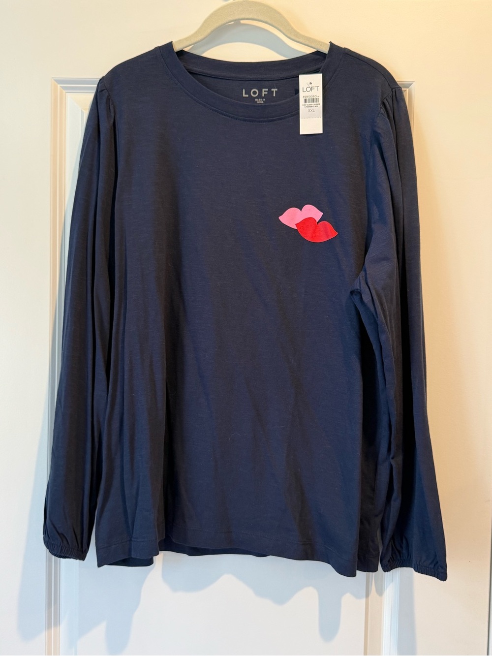 LOFT Navy Long Sleeve Tee with Pink & Red Lip Patch
